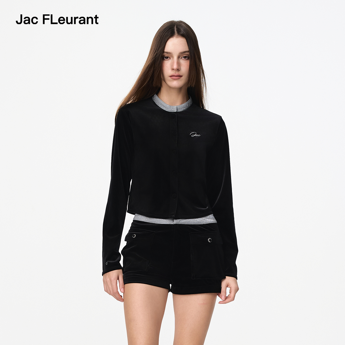 JAC FLEURANT2025秋季款闪粉领口拼接黑色丝绒外套短裤套装女士