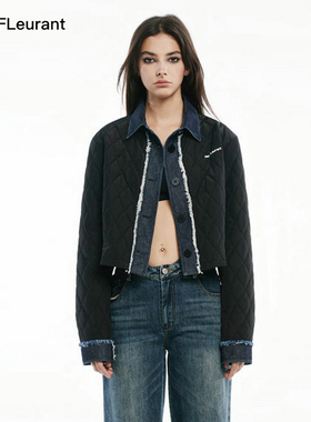 JAC FLEURANT秋冬季设计款牛仔拼接黑色菱格棉服保暖休闲外套