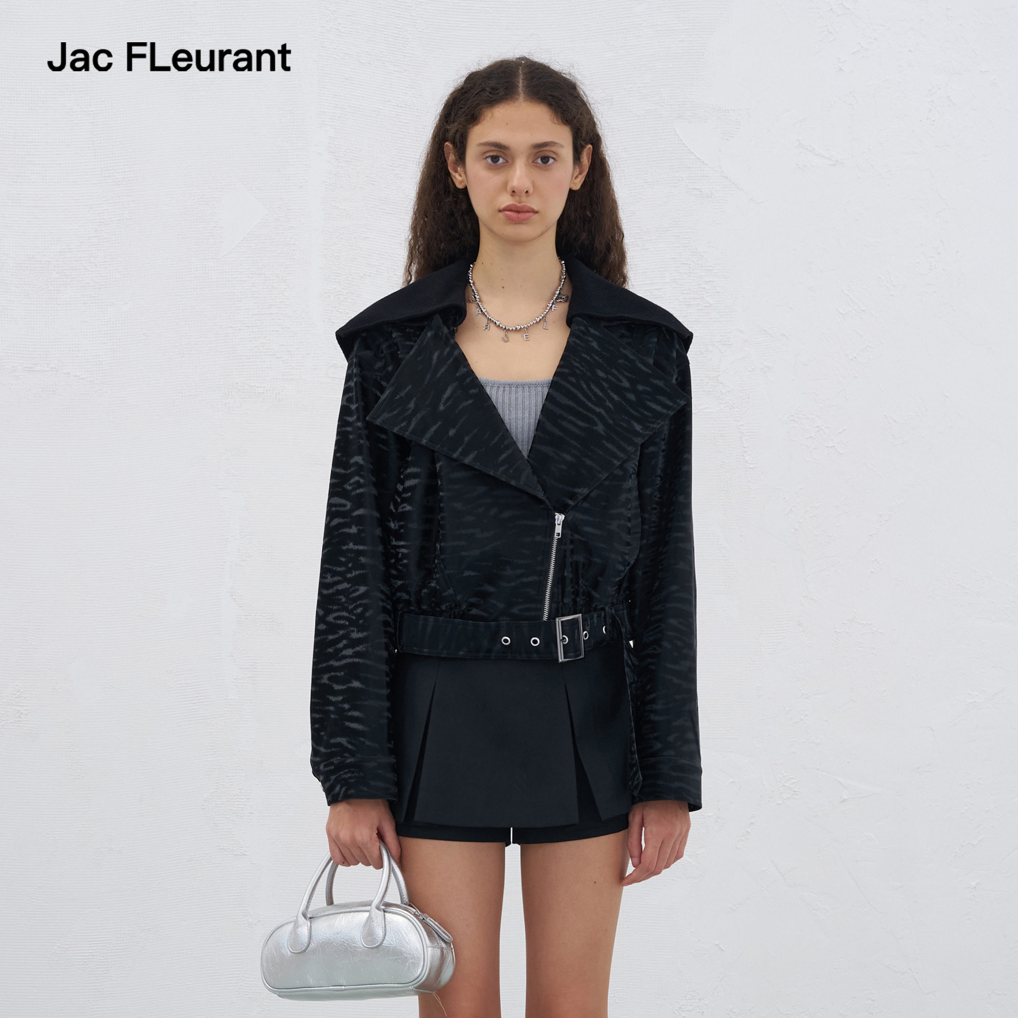 JAC FLEURANT2025秋冬新品黑色针织拼接翻领皮衣简约休闲