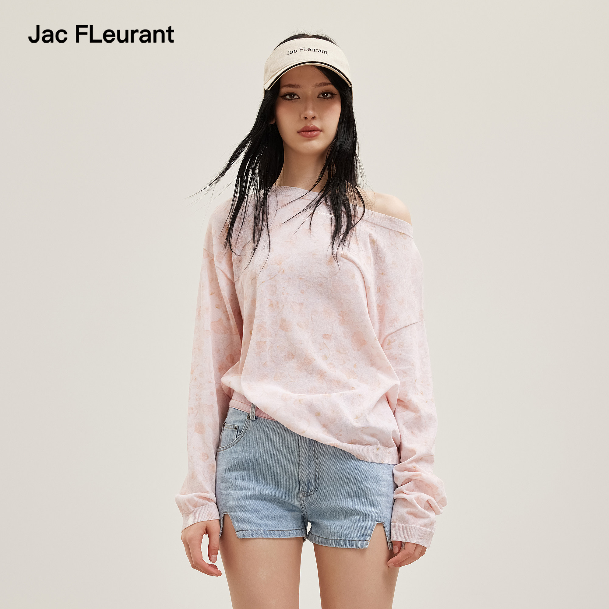 JAC FLEURANT2026春夏新款粉色露肩花卉印花针织毛衫时尚宽松女