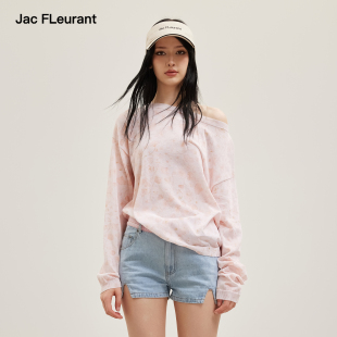 JAC FLEURANT2026春夏新款粉色露肩花卉印花针织毛衫时尚宽松女