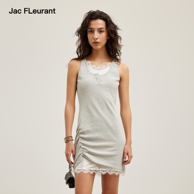 JAC FLEURANT2026夏季新款蕾丝拼接灰色假两件背心连衣裙圆领无袖