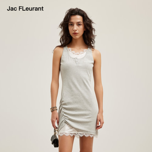 JAC FLEURANT2026夏季新款蕾丝拼接灰色假两件背心连衣裙圆领无袖
