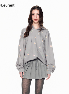 JAC FLEURANT【2026新年限定】灰色碎花满印帽衫松紧腰百褶短裙