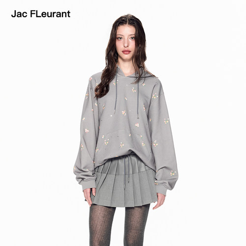 JAC FLEURANT【2026新年限定】灰色碎花满印帽衫松紧腰百褶短裙