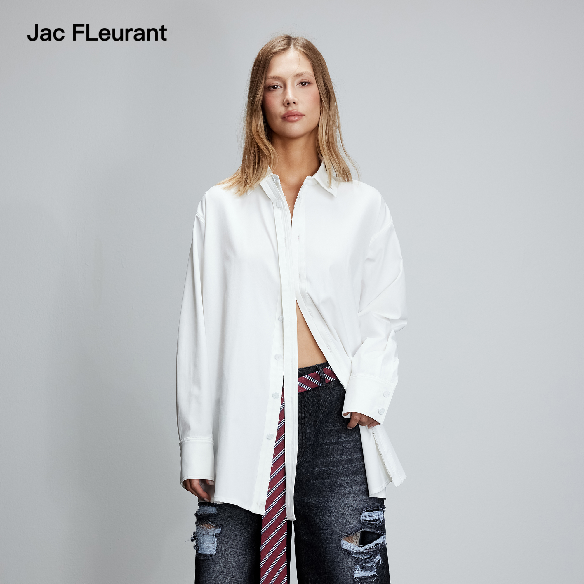 JAC FLEURANT2025秋冬新品不规则系扣设计感衬衣简约纯色长袖衬衫