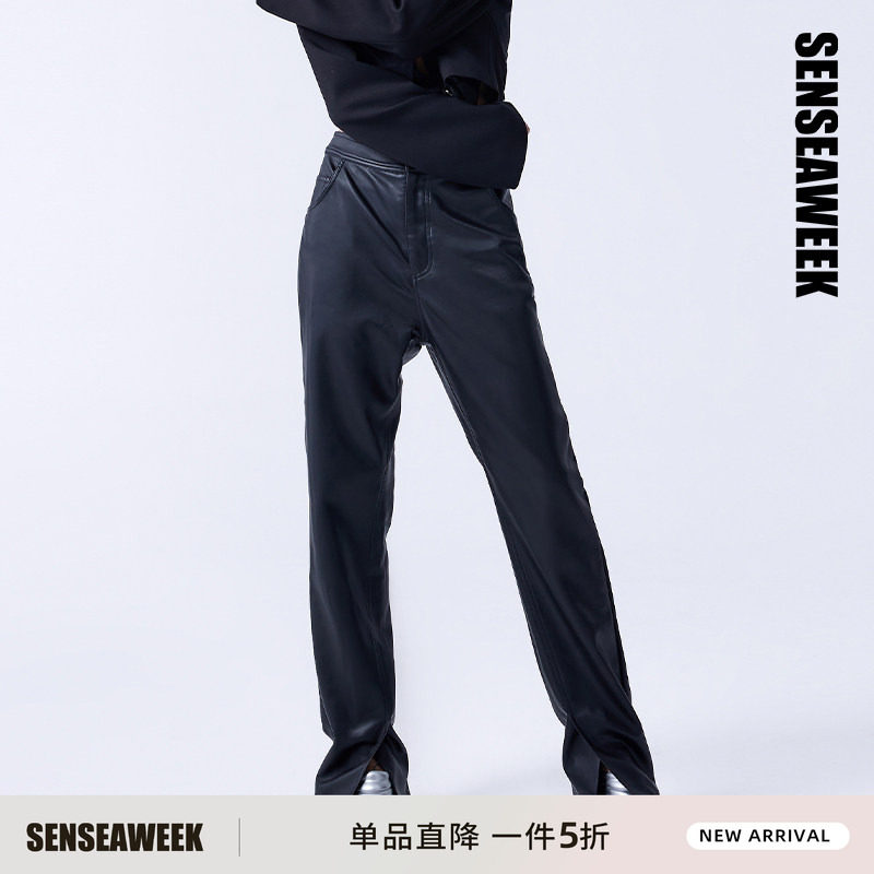 SENSEAWEEK秋冬新品复古百搭修身设计感裤子开衩哑光皮长裤