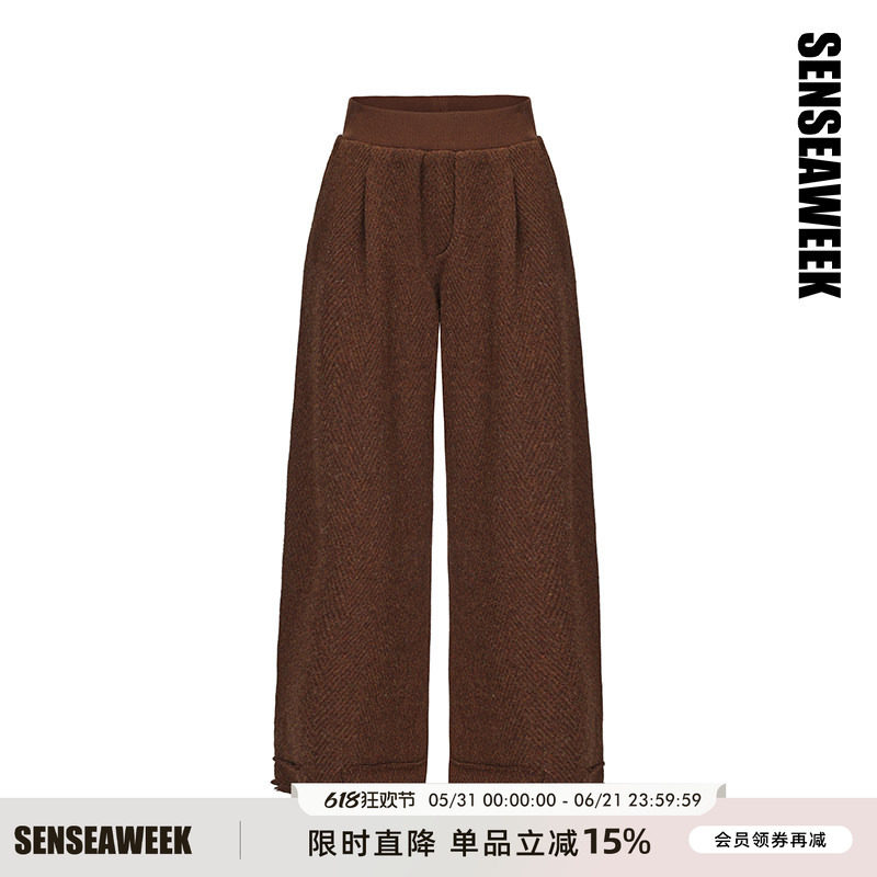 SENSEAWEEK秋冬新品宽松阔腿遮肉裤子弹力松紧腰羊毛毛呢老爹裤