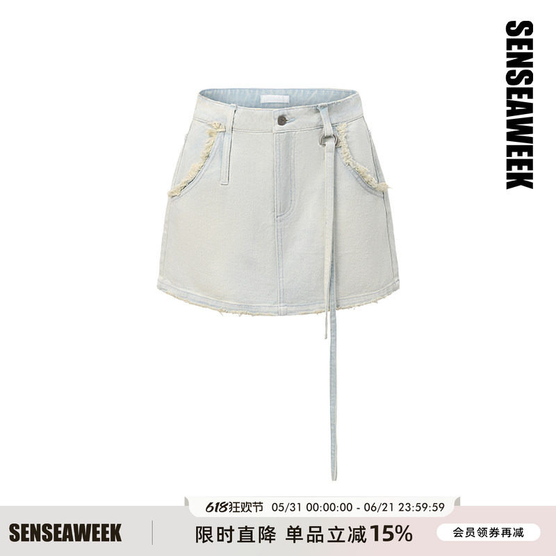 【田曦薇同款】SENSEAWEEK春季新品飘带毛边水洗斑驳感牛仔短半裙
