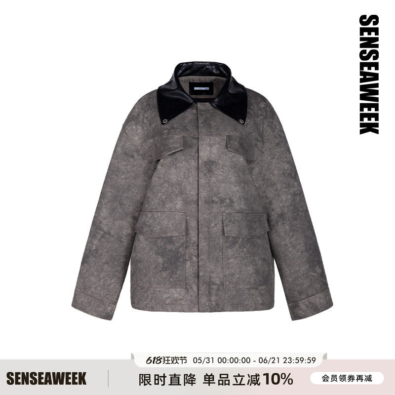 SENSEAWEEK秋冬新品宽松遮肉休闲外套做旧脏染拼皮夹棉工装夹克
