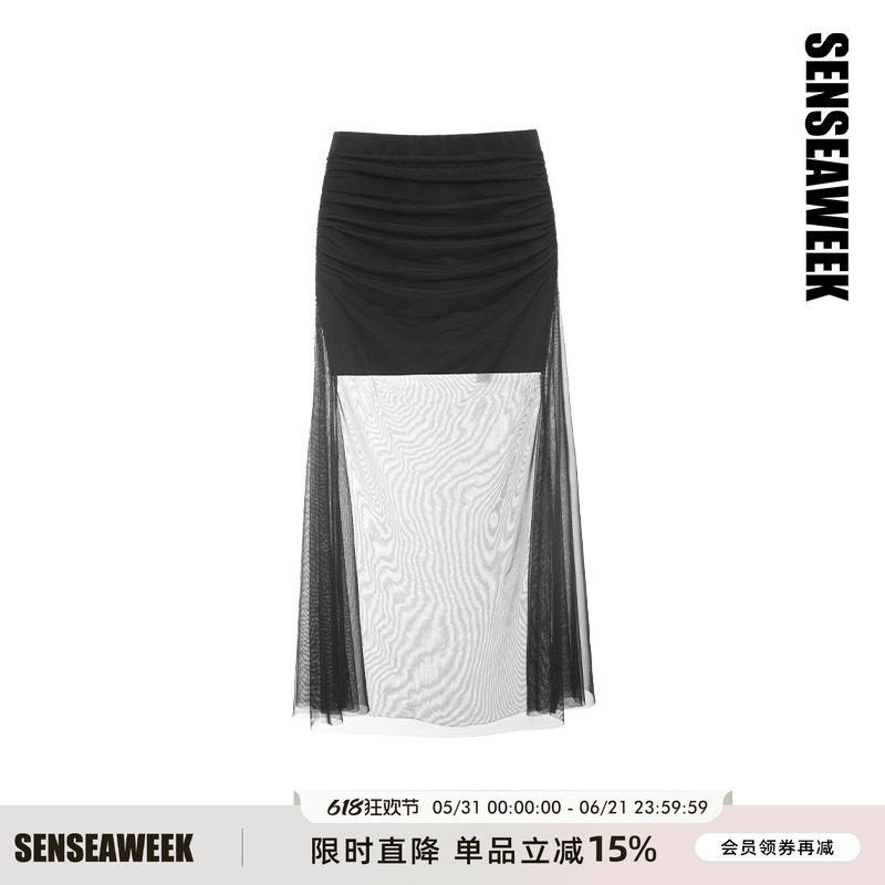SENSEAWEEK性感辣妹风个性设计感网纱拼接裙半透视双层弹力半身裙
