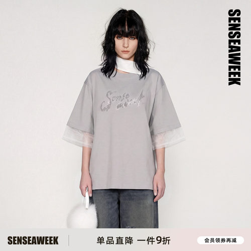 SENSEAWEEK印花欧根纱拼接短袖