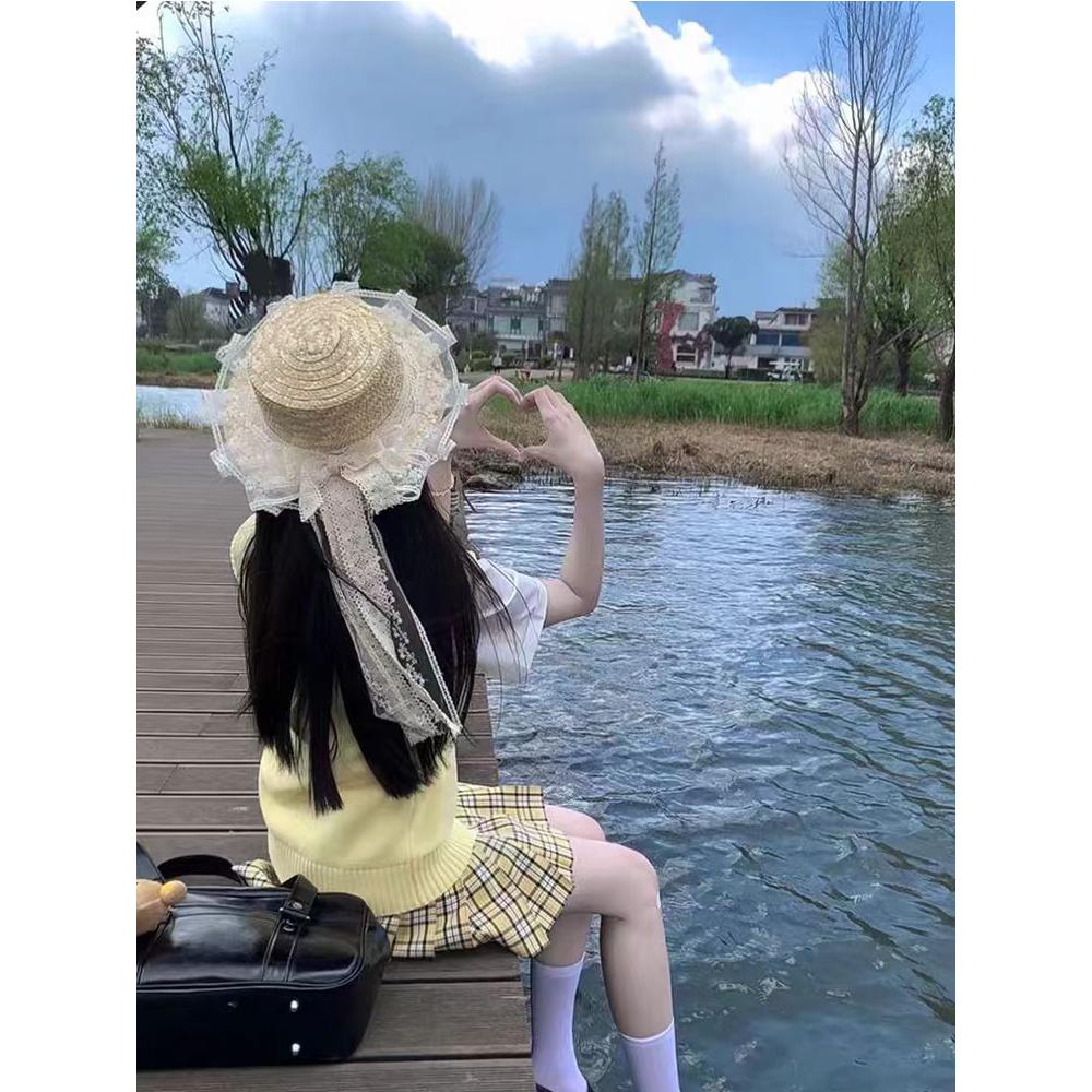蕾丝少女日系JK蝴蝶结绑带草帽女