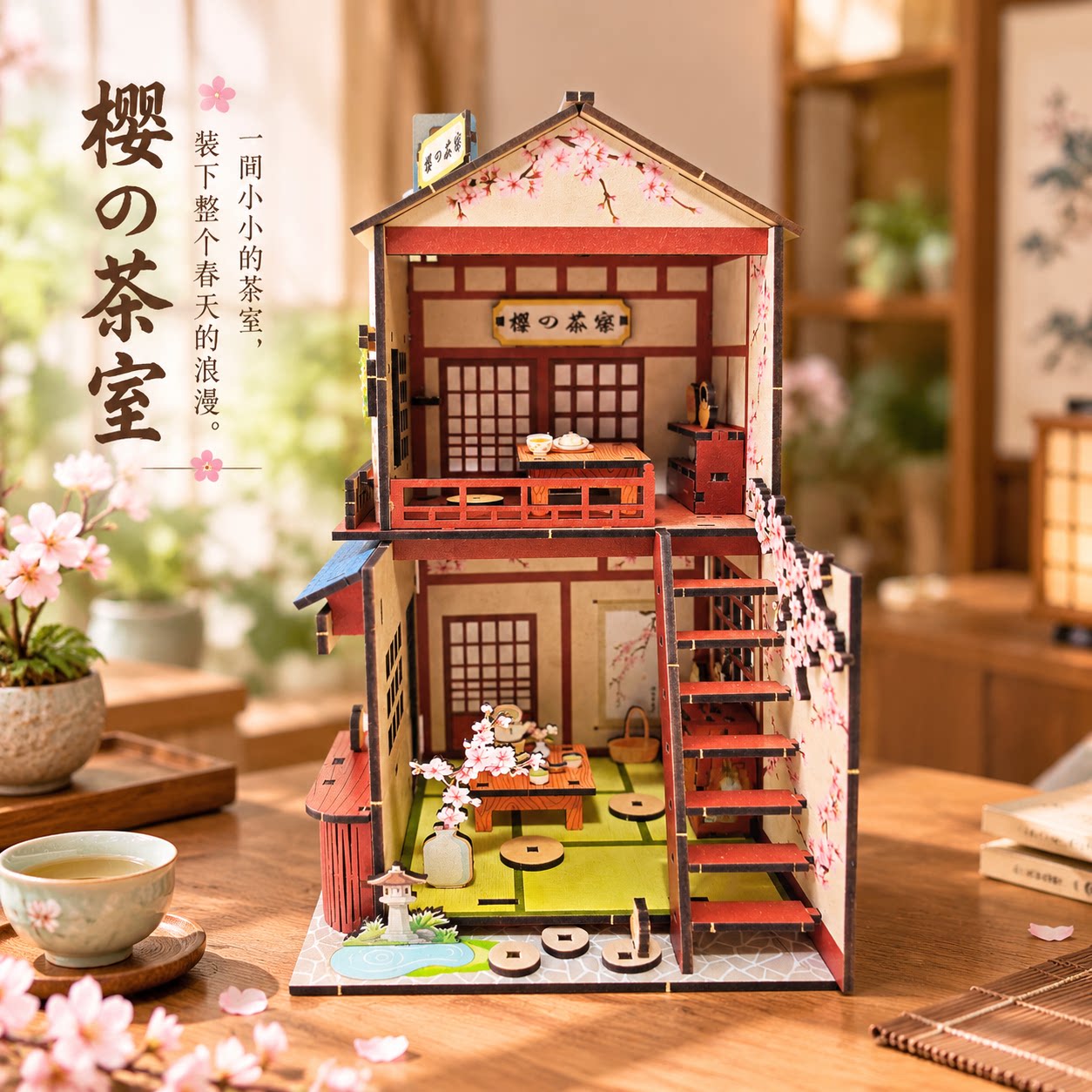 樱花茶室日式木质DIY小屋手工拼装建筑模型复古茶室微缩景观