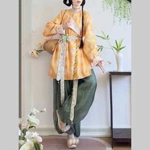 唐制短款圆领袍汉服女田园风灯笼裤春夏国风日常通勤套装卖货郎