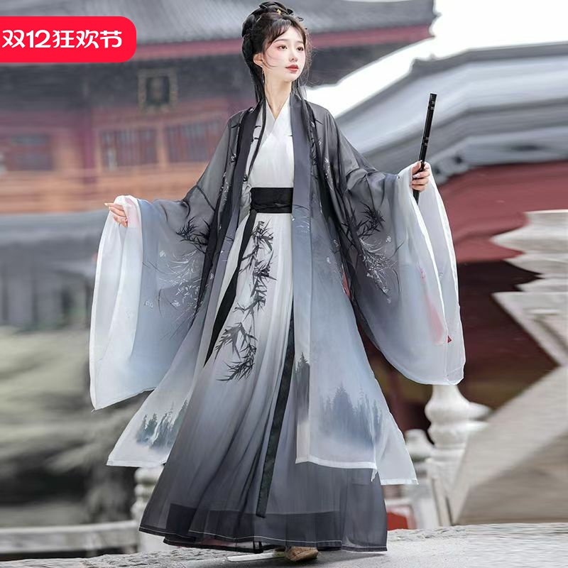 汉服男女同款魏晋交领齐腰襦裙双色套装中国风水墨三件套演出舞台