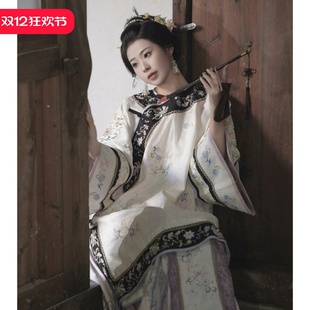 中式 影楼新款 写真古风素雅 斜襟圆领印花格格马面裙服装 清汉女套装