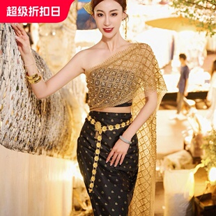 傣族服饰女黑金裹胸披肩套装西双版纳写真泰式按摩制服工作服足浴