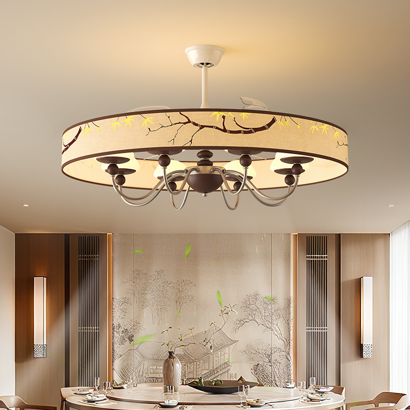 宋式美学布艺吊灯风扇灯中古环绕出风静音大风力电扇护眼大厅灯具