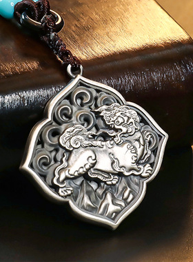 纯银雪狮吊坠藏式复古实心风马旗平安经幡吊牌男女款项链装饰