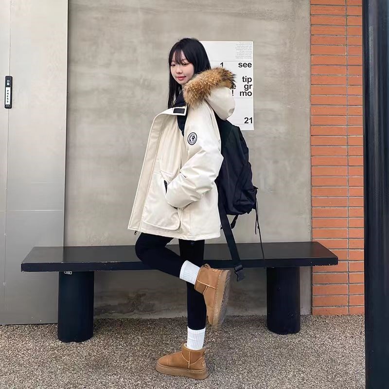 好货大码女2025冬季新款正肩工装黑色棉服外套胖mm毛领连帽加厚派