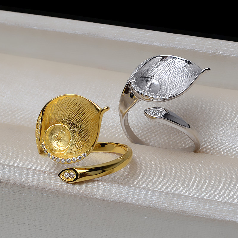 S925银树叶开口戒指女活口指环可调节8-10珍珠diy配件空托潮4304