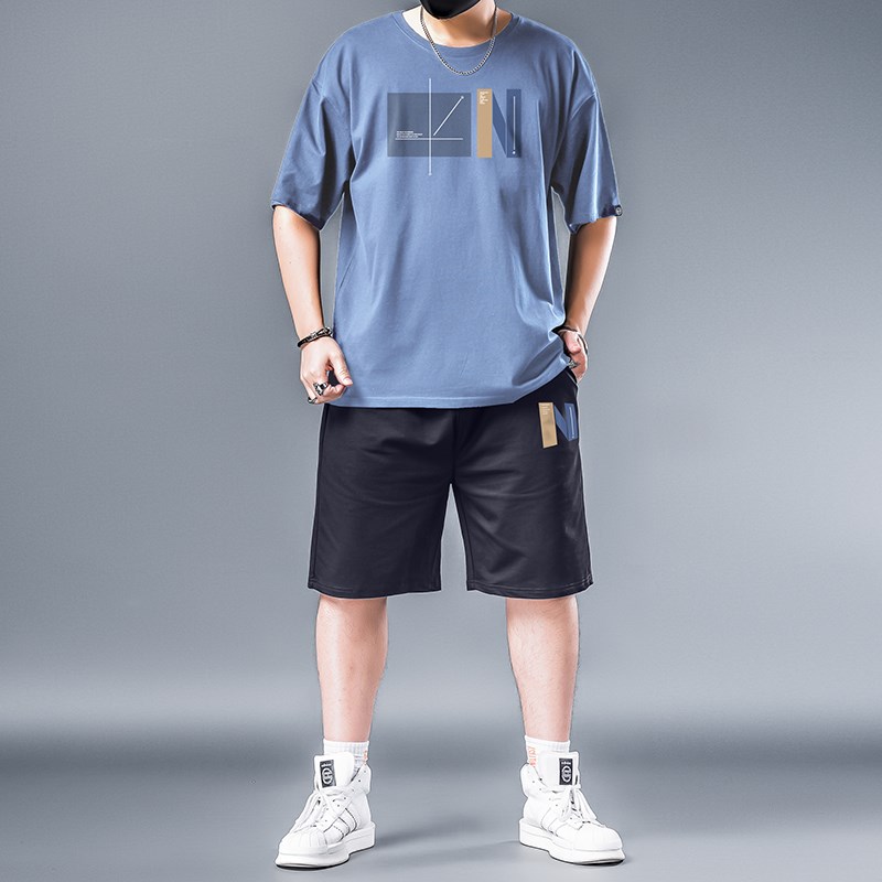 好货夏装胖子短袖T恤套装男士加肥加大码纯棉半袖短裤运动宽松两