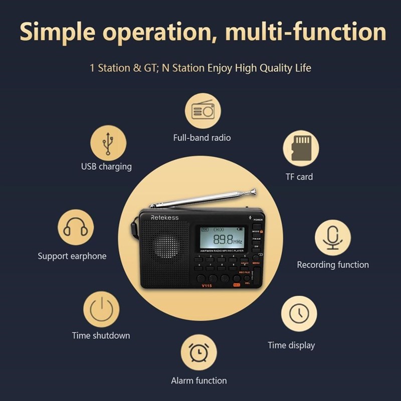 Retekess V115 FM/AM/SW Radio Receiver Bass Sound MP3 Player