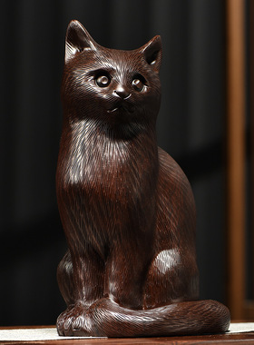 木雕摆件小猫咪实木头雕刻动物家居客厅桌面办公司装饰女生小