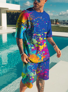 Tracksuit Set Men's Clothing 2 Pcs Set Splatter Colorful