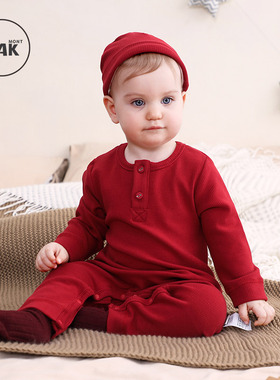 Oak mont满月新生婴儿连体衣秋季宝宝周岁爬服秋装贴身打底衣红色