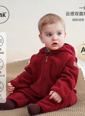 Oak mont婴儿满月服连体衣加绒周岁衣服男女宝宝红色喜庆百天哈衣