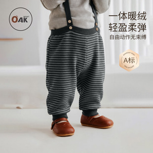 儿童保暖加绒针织长裤 子秋冬宝宝一体绒背带裤 mont男童条纹裤 Oak