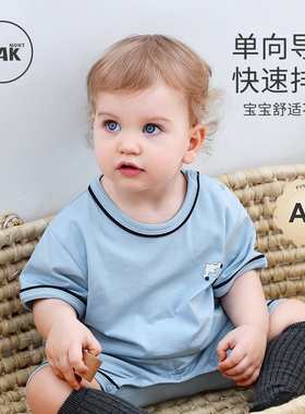 Oak mont婴儿连体衣夏季薄款宝宝短袖哈衣单向导湿速干夏装导汗衣