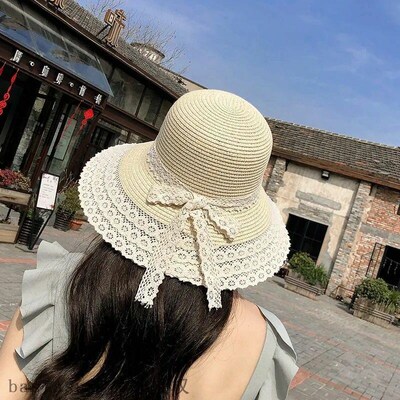 极速Summer straw hat lace bow fashion seaside vacation Fishe