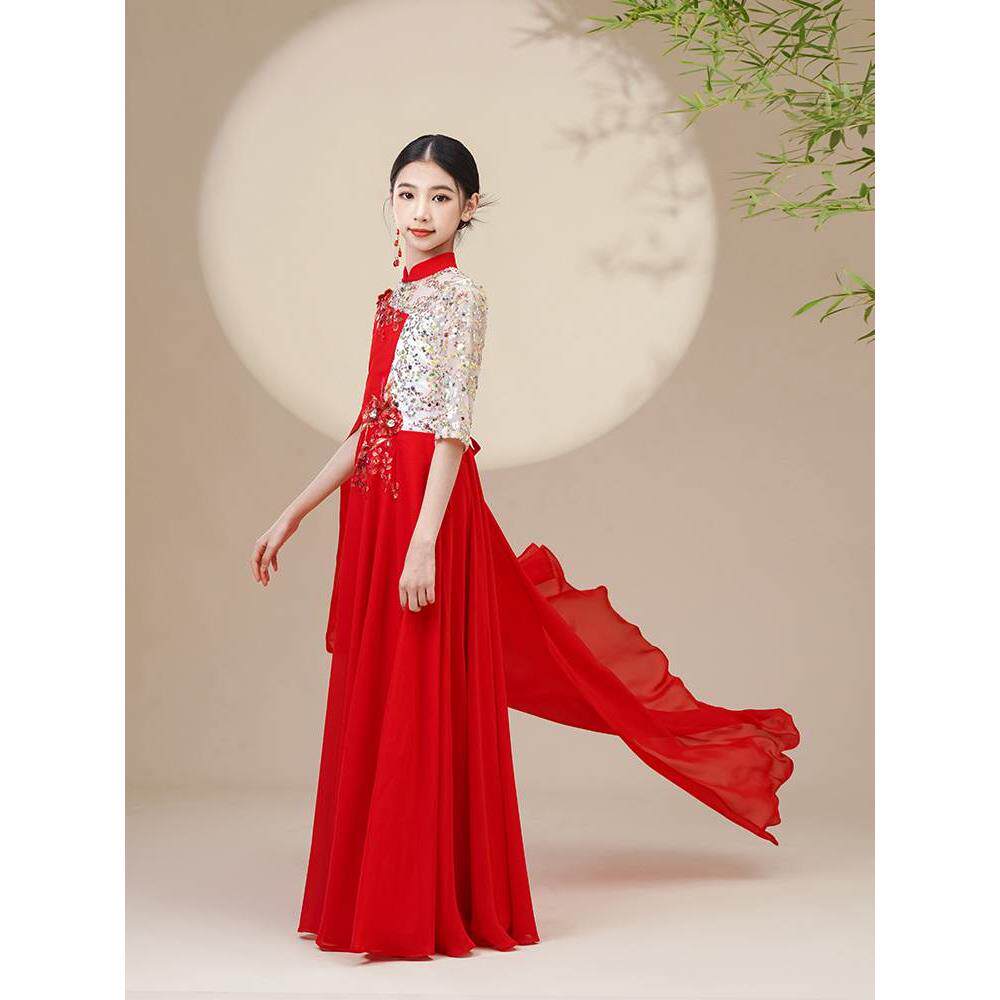 中国风儿童演出服民乐古筝大童女童红色演奏古典舞艺考古风摩登红