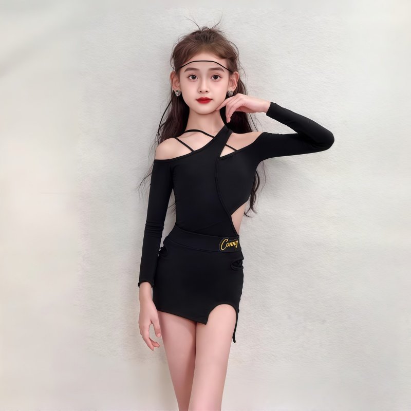 2026年冬季新款拉丁舞服女童练习服露肩长袖连体上衣分体包臀半裙