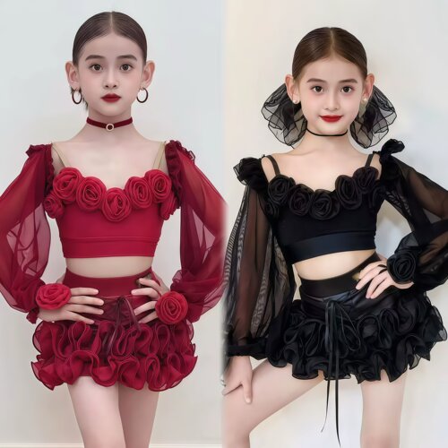 女童拉丁舞吊带满花表演套装