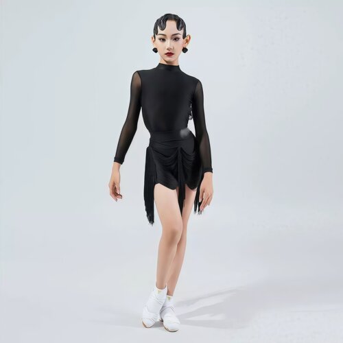 黑色女童拉丁舞露背流苏练功服