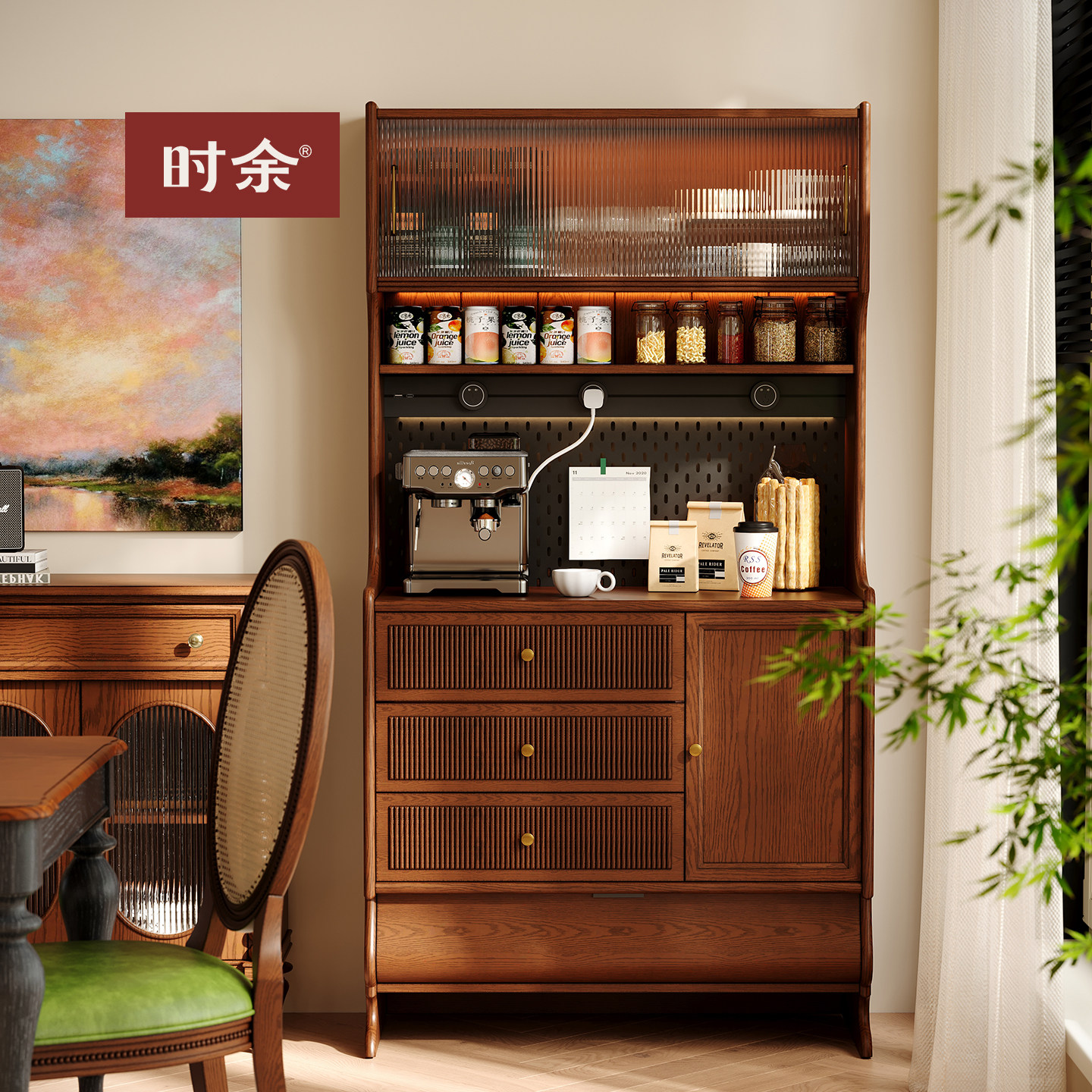 时余卡农柜全实木餐边柜复古风中古展示柜美式酒柜吧台一体咖啡柜