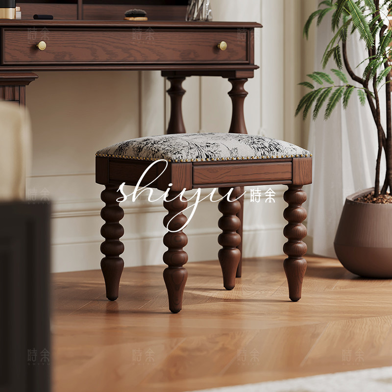 时余希尔梳妆凳中古化妆凳实木简美式换鞋凳钢琴凳复古法式小方凳