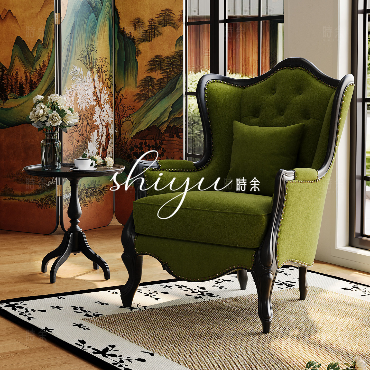 时余丘吉尔复古布艺沙发休闲椅法式简美式高背客厅实木书房沙发椅,住宅家具,沙发椅,淘宝优惠券,粉丝福利购,淘宝优惠卷