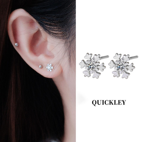 QUICKLEY 925银雪花耳钉女镶钻耳饰送女友礼物银色耳环
