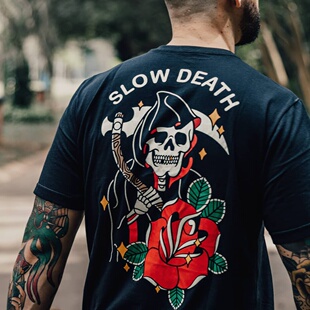 T恤夏季 school宽松短袖 复古old 暗黑系视觉感设计持镰死神美式