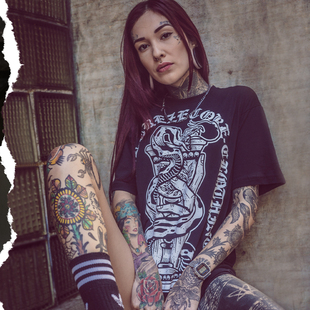 暗黑哥特蛇缠圣杯美式 T恤高街亚文化上衣 OldSchool纹身印花短袖