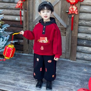 2026新款儿童【喜庆马年拜年套装】男童冬季加厚保暖红色过年战袍