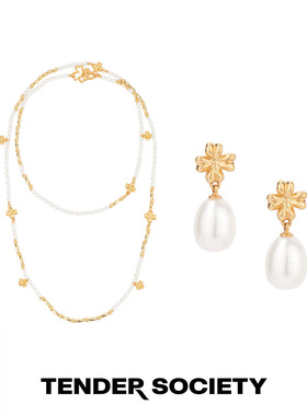 四叶草珍珠长项链&水滴珍珠耳钉