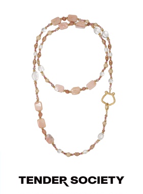 天然石贝壳环粉串珠长项链