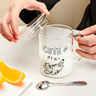 水杯玻璃杯平底可微波加热牛奶杯子带盖耐高温饮料咖啡杯家用茶杯