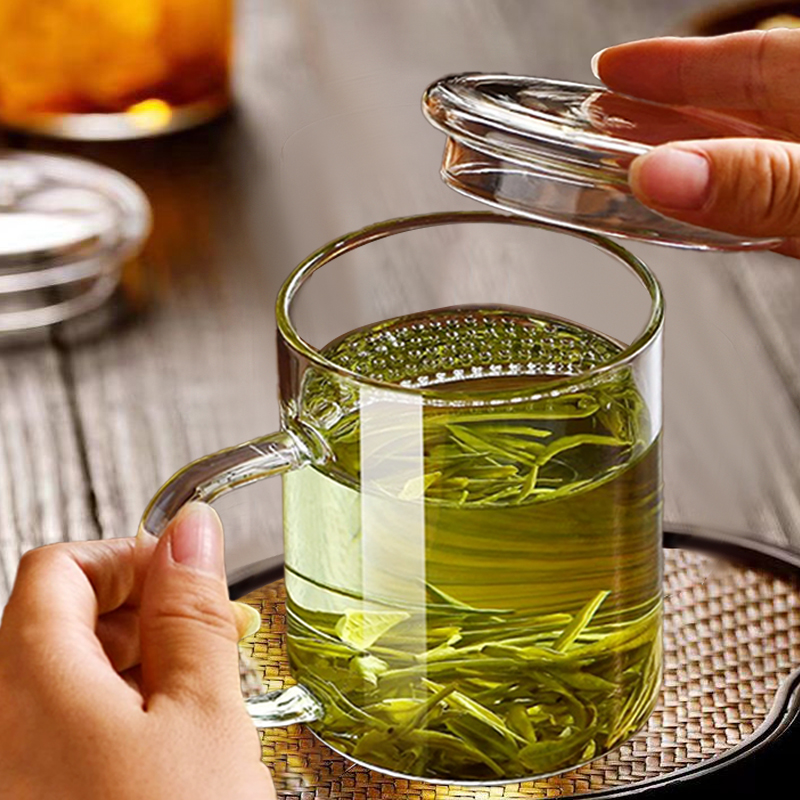 月牙过滤茶杯耐高温喝水杯子玻璃杯泡绿茶专用茶水分离杯带盖家用